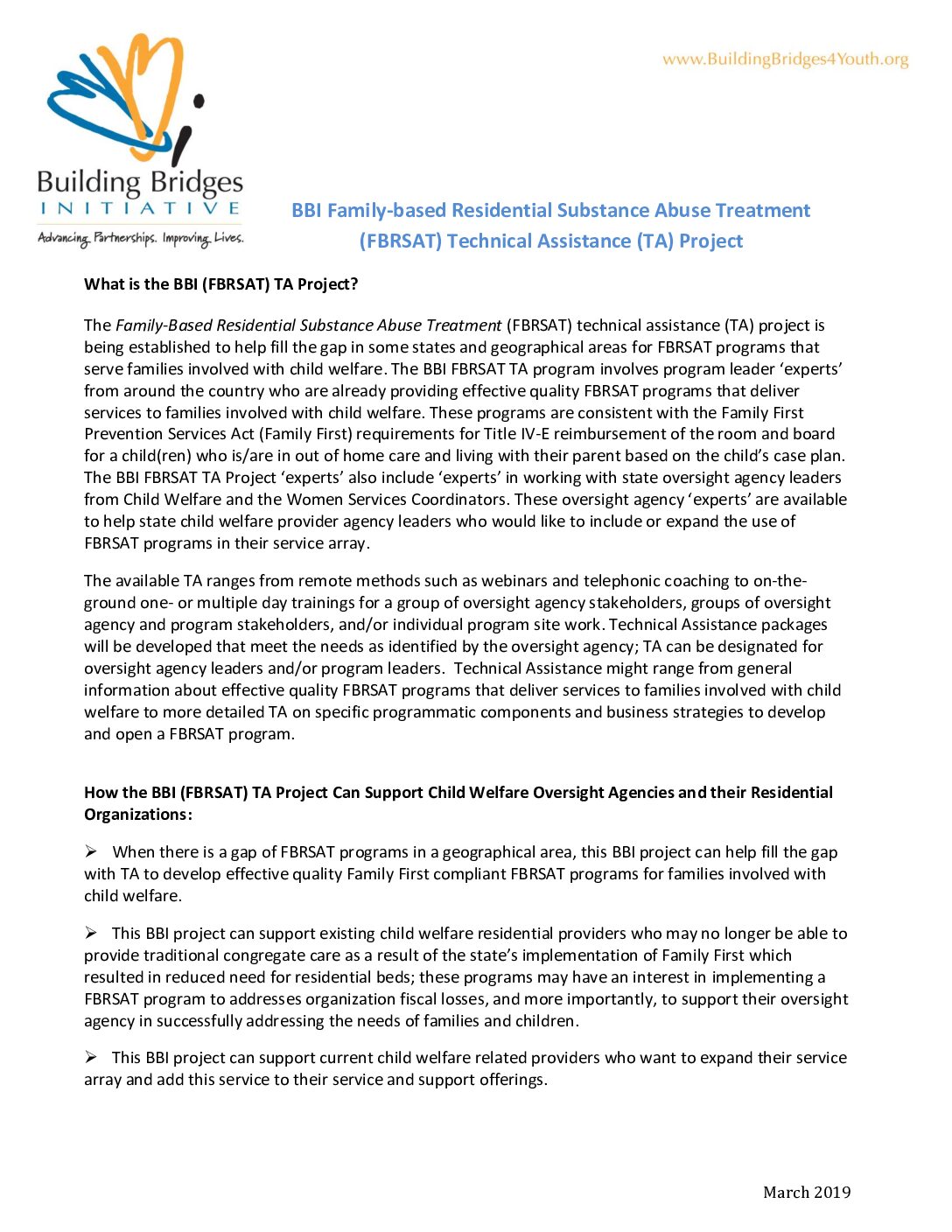 BBI FAMILY-BASED RESIDENTIAL SUBSTANCE ABUSE TREATMENT (FBRSAT) TECHNICAL ASSISTANCE (TA) PROJECT