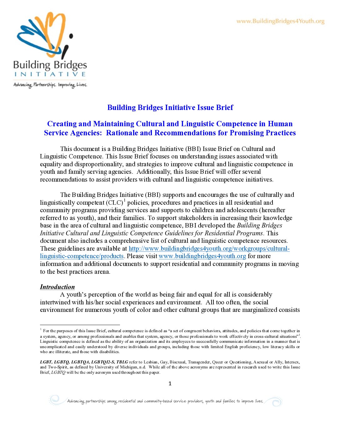 BBI Cultural and Linguistic Competence Issue Brief: Creating and Maintaining Cultural and Linguistic Competence in Human Service Agencies: Rationale and Recommendations for Promising Practices