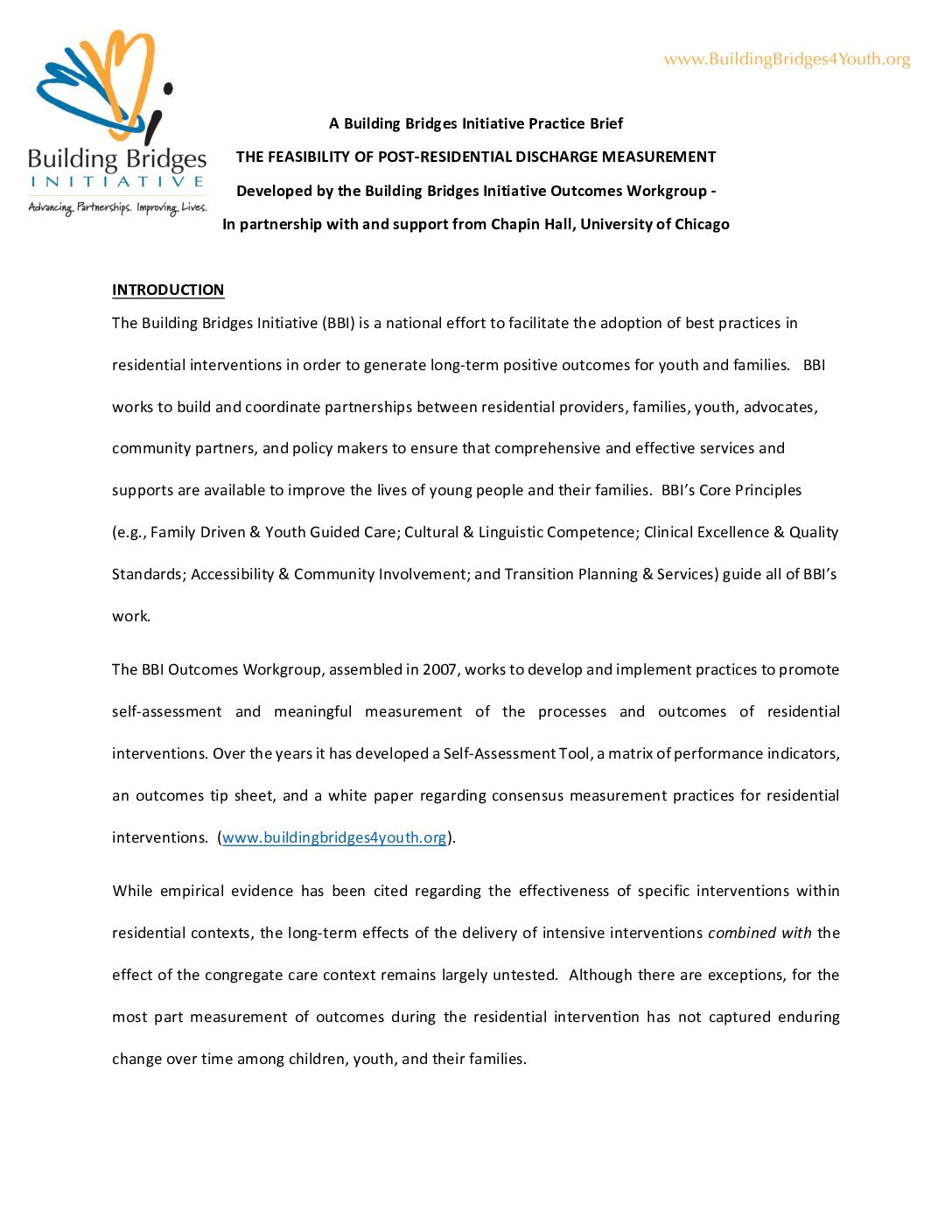 BBI Practice Brief: The Feasibility of Post-Residential Discharge Measurement