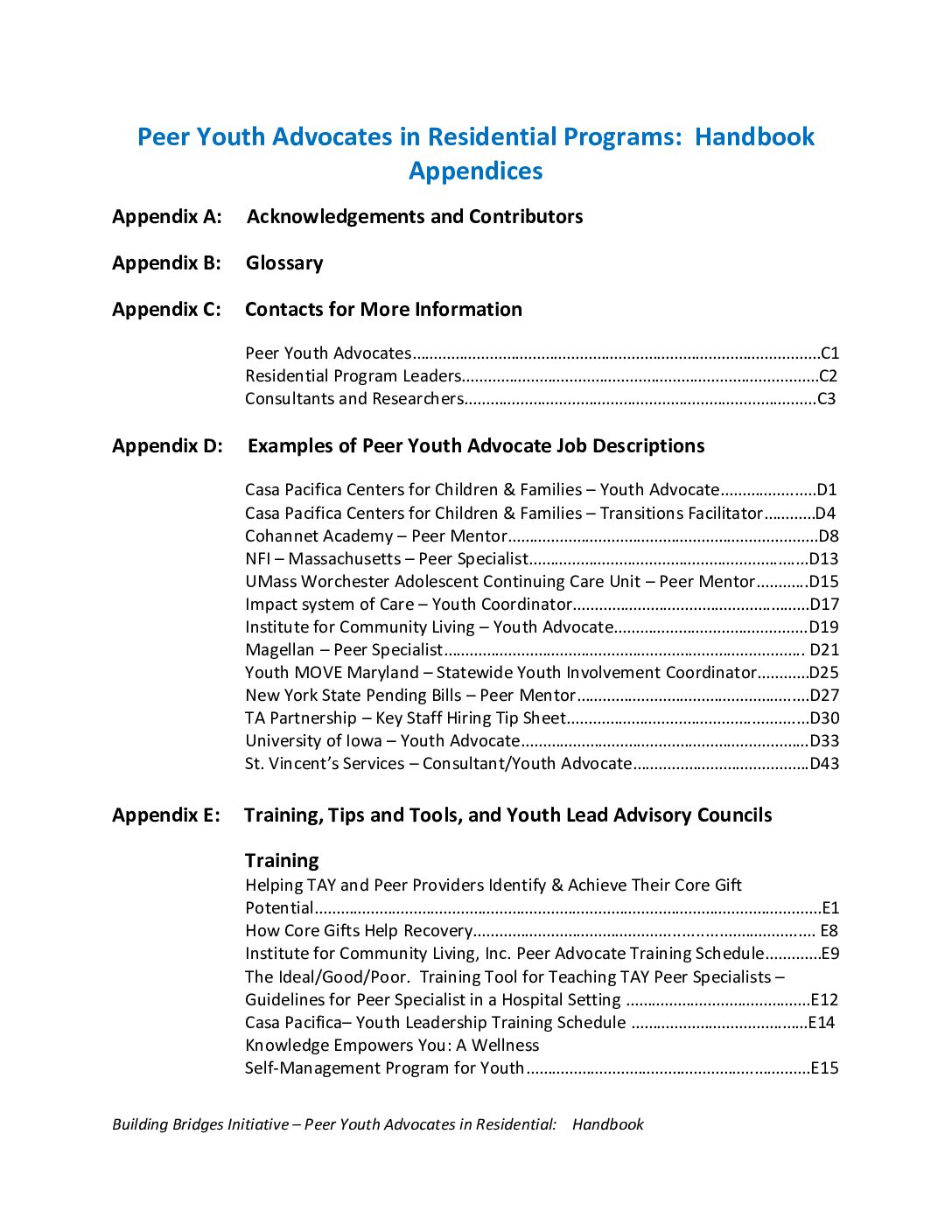 Peer Youth Advocates in Residential Programs Handbook Appendices
